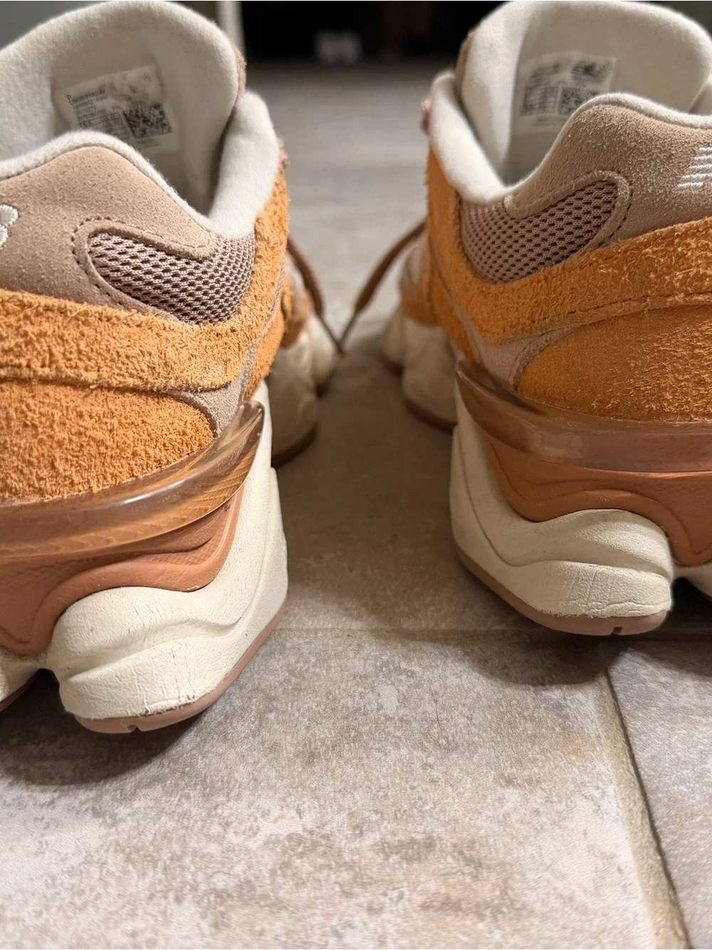 New Balance 9060 Tan and Orange Suede Mesh Athletic Sneakers